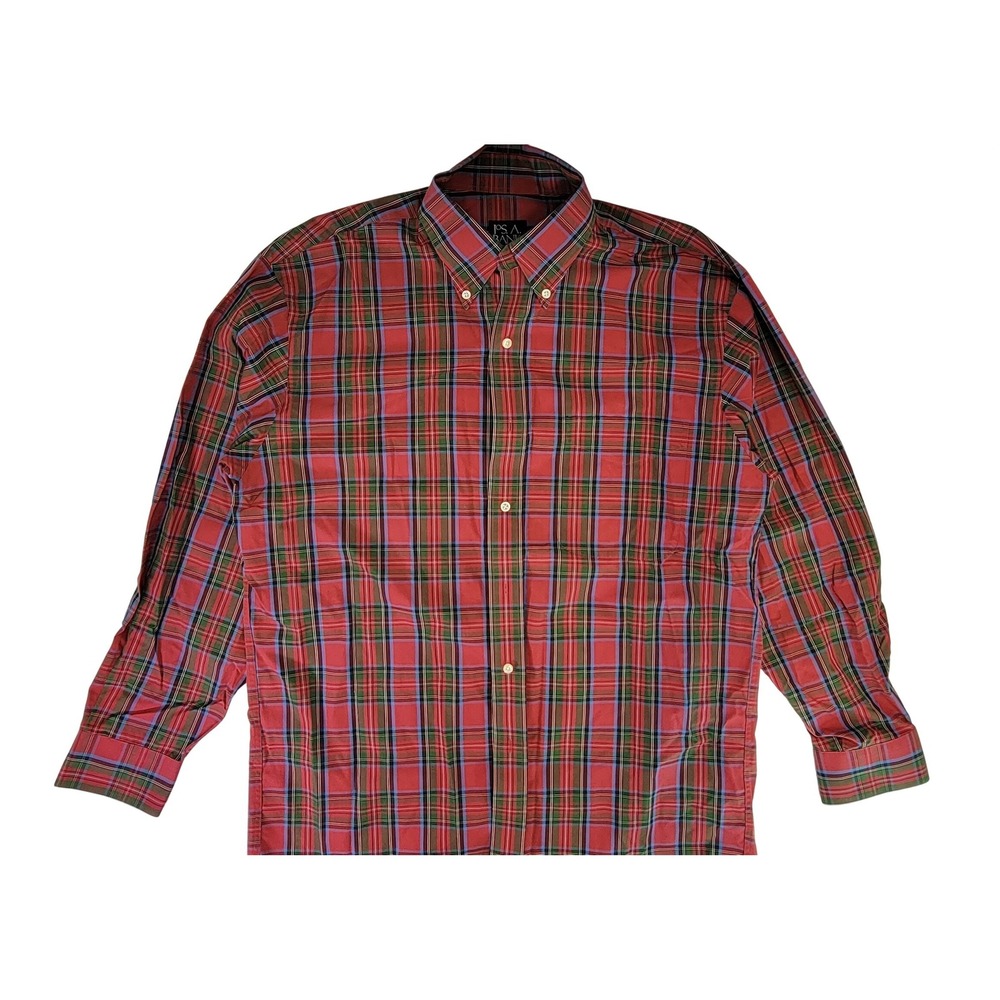 JOS A BANK Traveler's Collection Mens Red Plaid Button Down Shirt Long Sleeve M